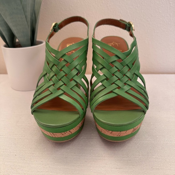 Franco Sarto Sylvie Green Multi-Stap Leather Cork Wedge Sandals Women’s 8.5M - Picture 4 of 10
